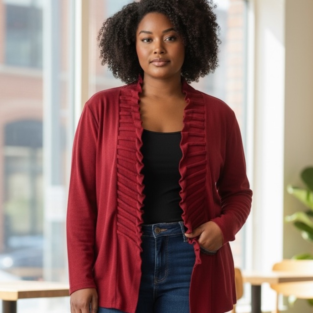 Chico’s Travelers Open Front Red Ruched Ruffled Cardigan Jacket